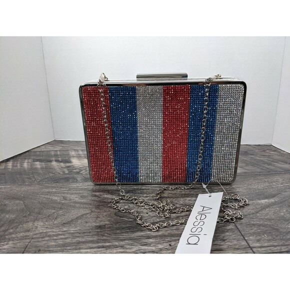 Alessia Red White Blue Stripe Rhinestone Crossbody Chain Clutch Bag USA NWT - Picture 2 of 9